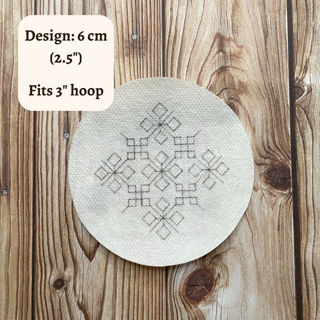 Design is 6 centimetres or 2 and a half inches. It fits in a three inch hoop.
