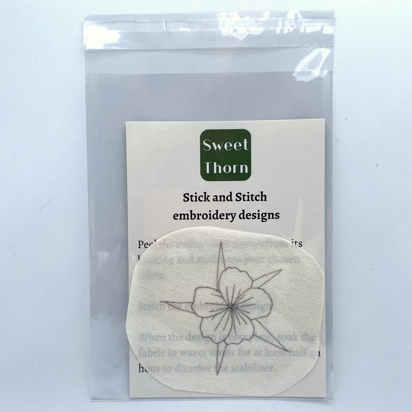 Corncockle embroidery sticker in cellophane bag with instructions