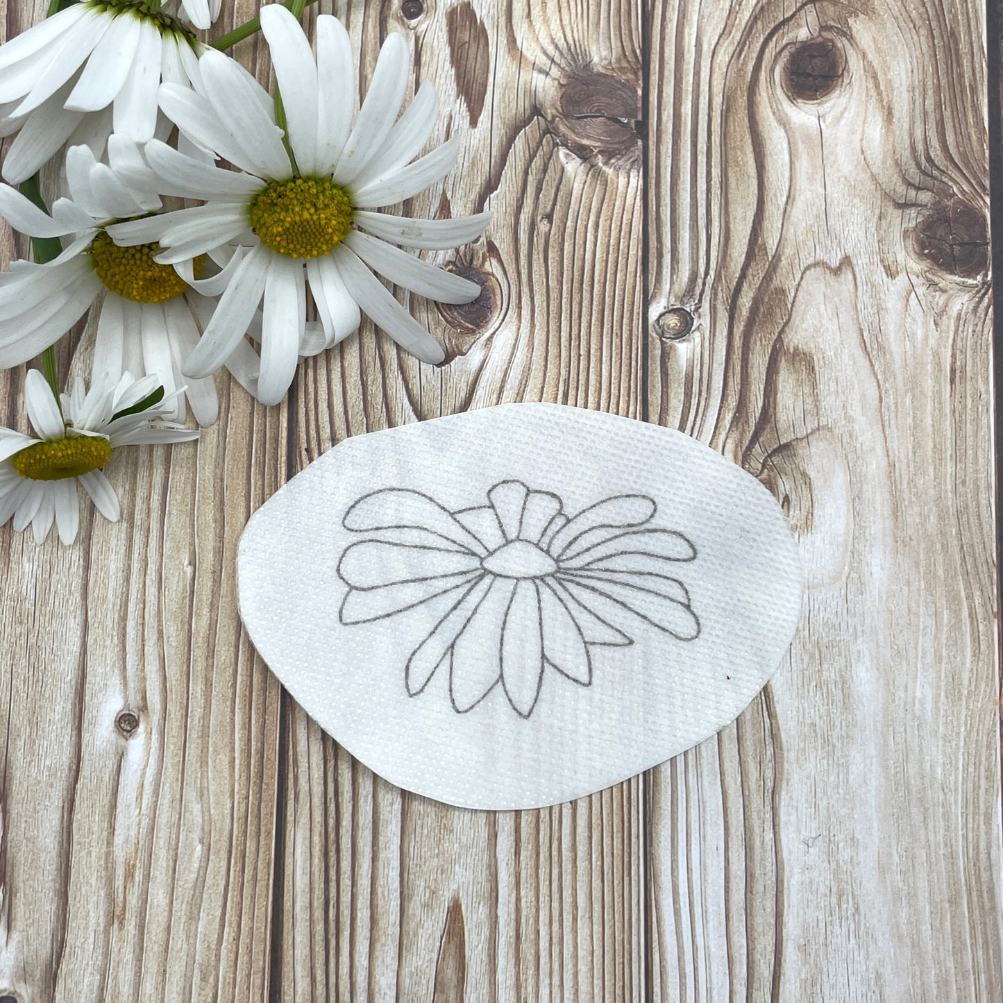 Ox eye daisy flower head embroidery sticker.