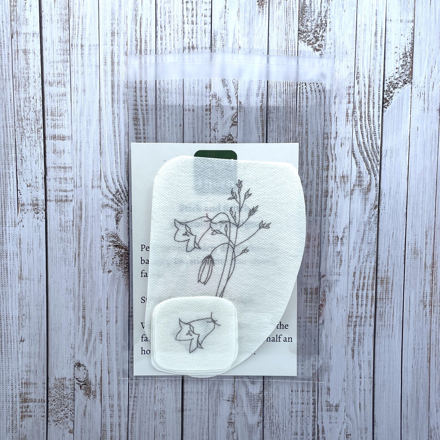 Harebell embroidery stickers in a cellophane bag with instruction card.