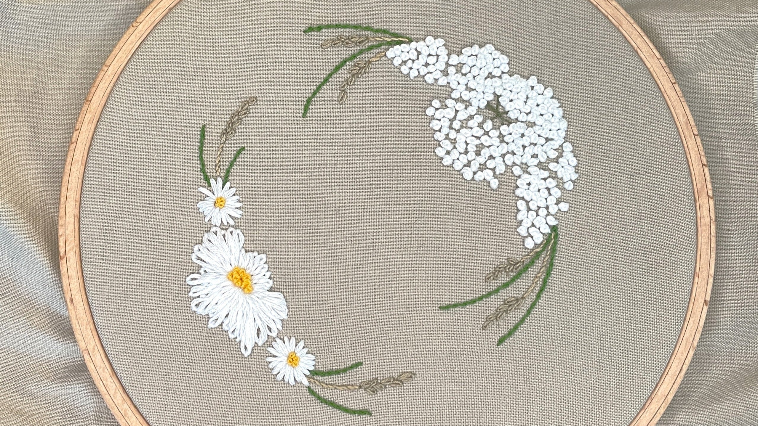 Meadow flowers embroidered summer wreath. Cow parsley, daisies and meadow grasses
