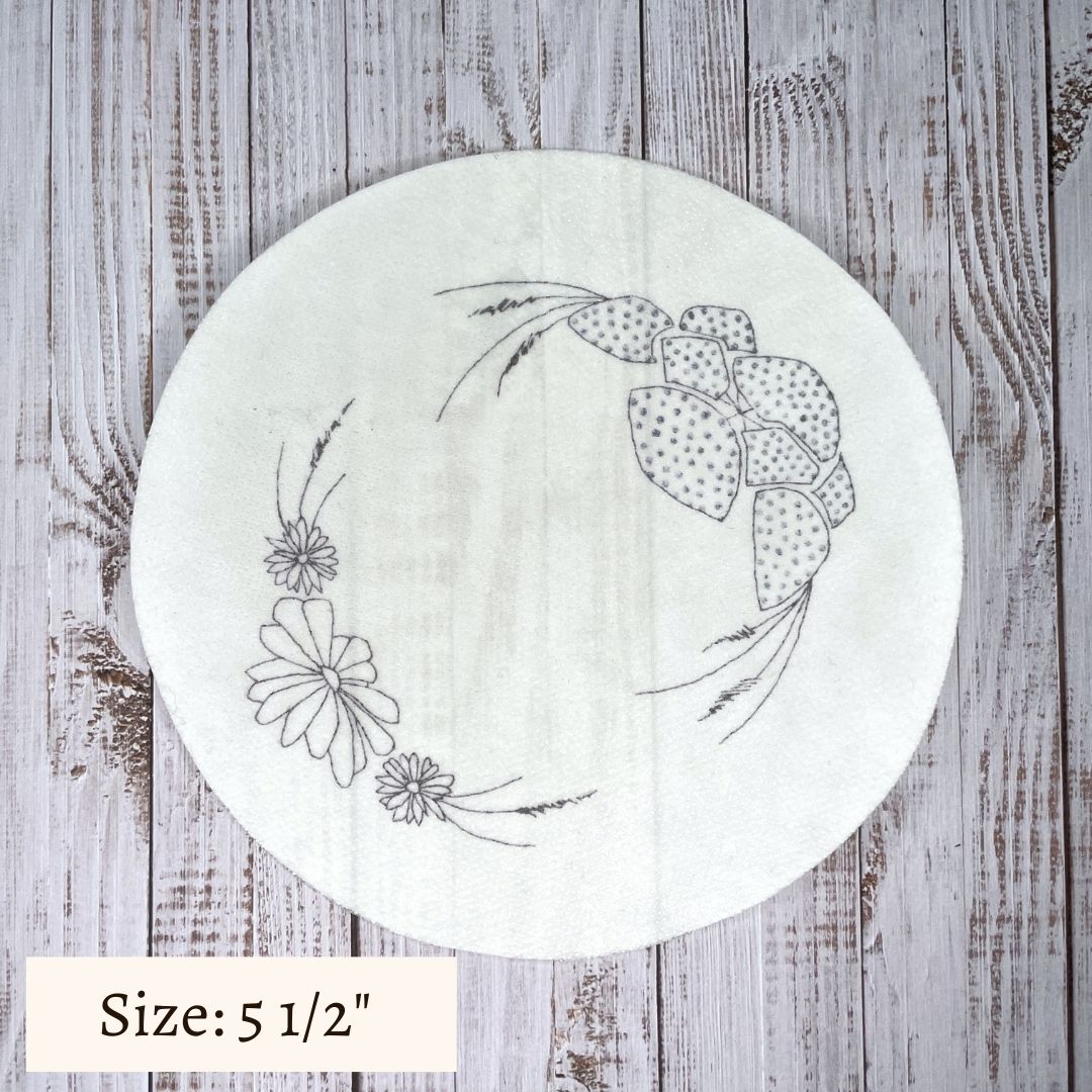 Stick and stitch patch for cow parsley and daisy wreath design. Sticker size 5 and a half inches