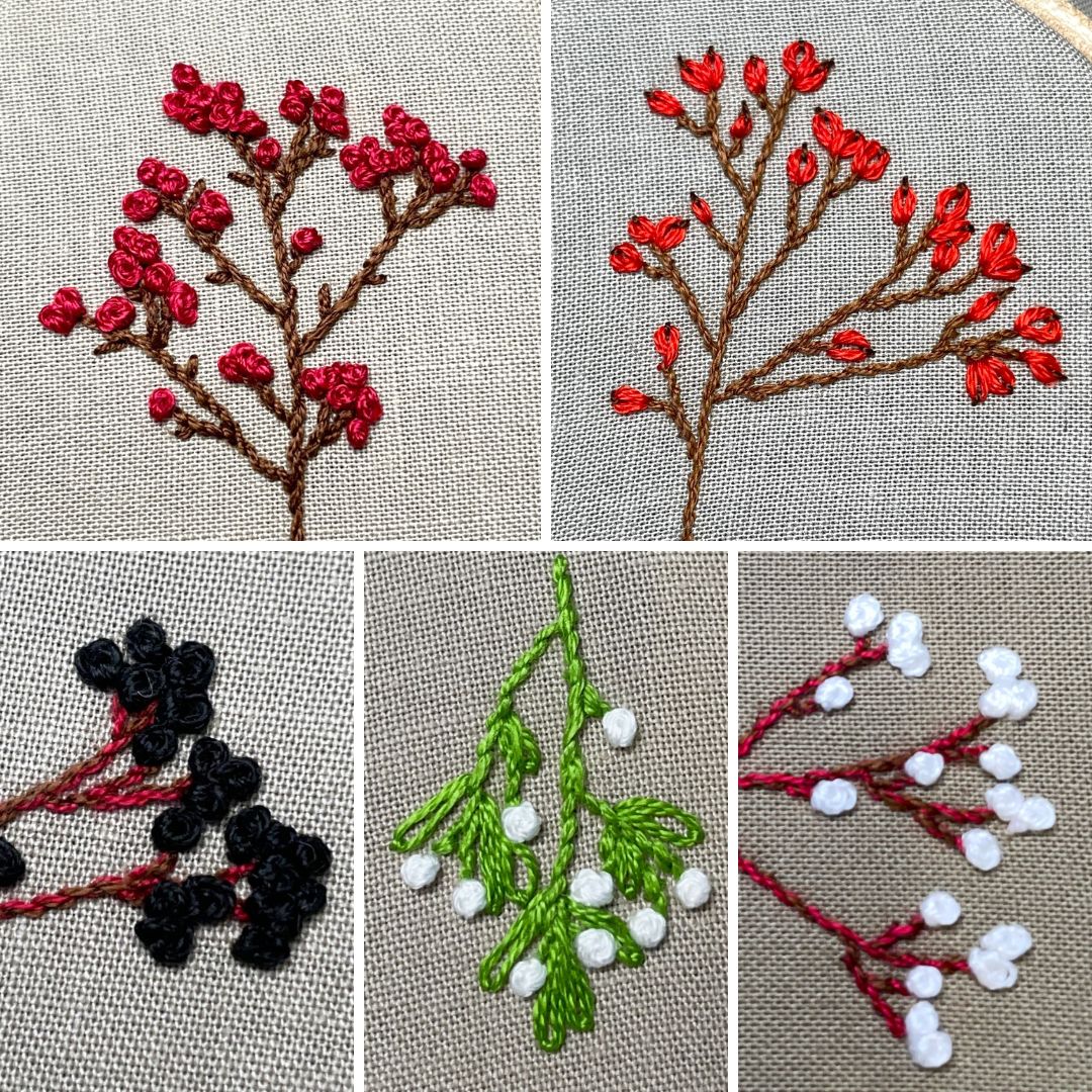 Variety of embroidered berries: hawthorn berries, rose hips, elderberries, mistletoe, white dogwood