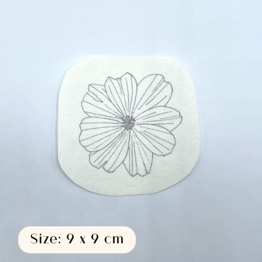 Cosmos flower head embroidery sticker size: 9 centimetres square