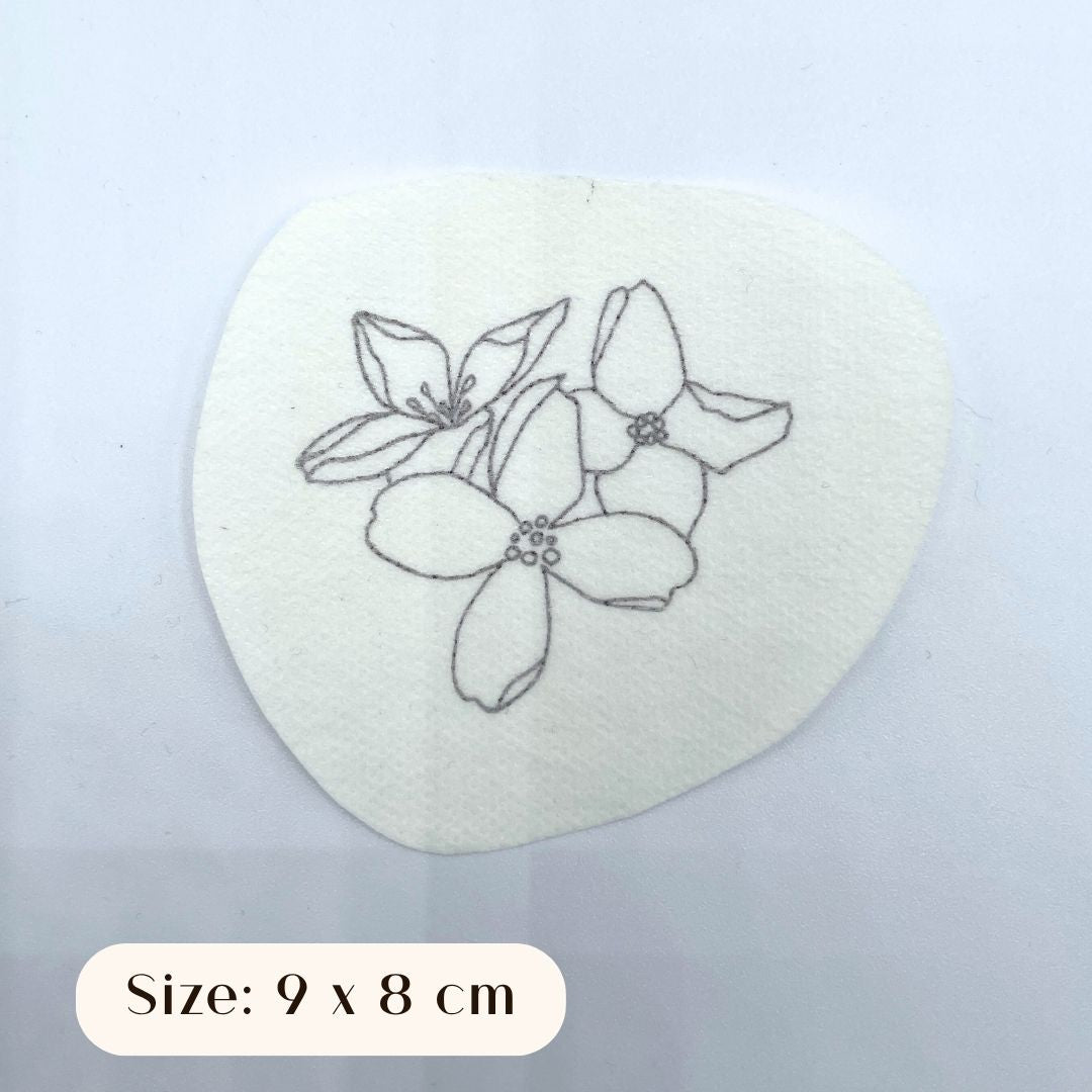 Cuckoo flower embroidery sticker size: 9 centimetres by 8