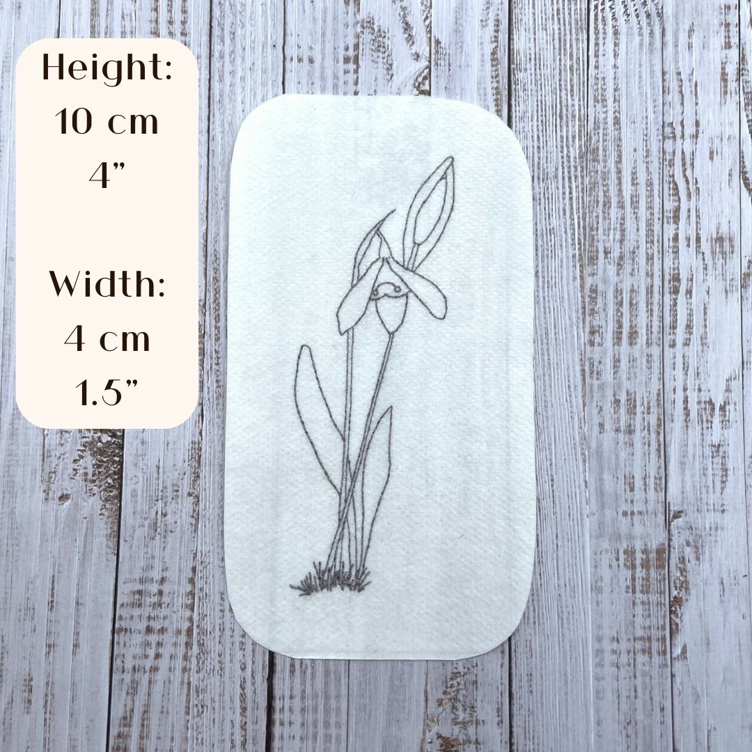 Height of snowdrop embroidery sticker is 10 centimetres. Width is 4 centimetres.