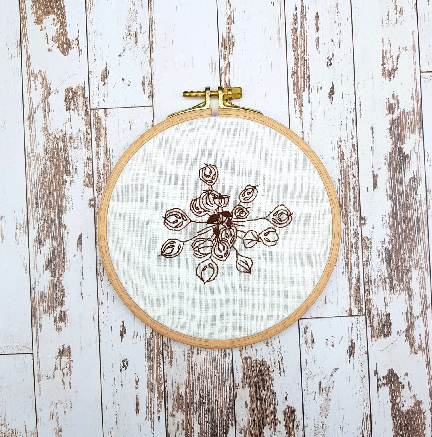 Embroidered close up of cow parsley seed heads. Dark brown thread on white linen. Mounted in a 5 inch embroidery hoop