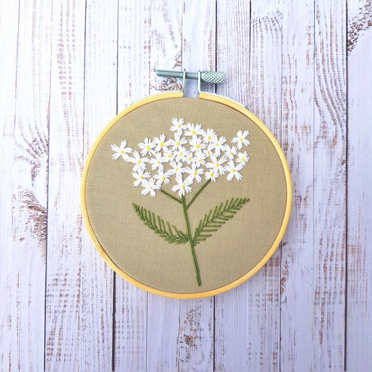 Yarrow embroidery hoop art, 4"