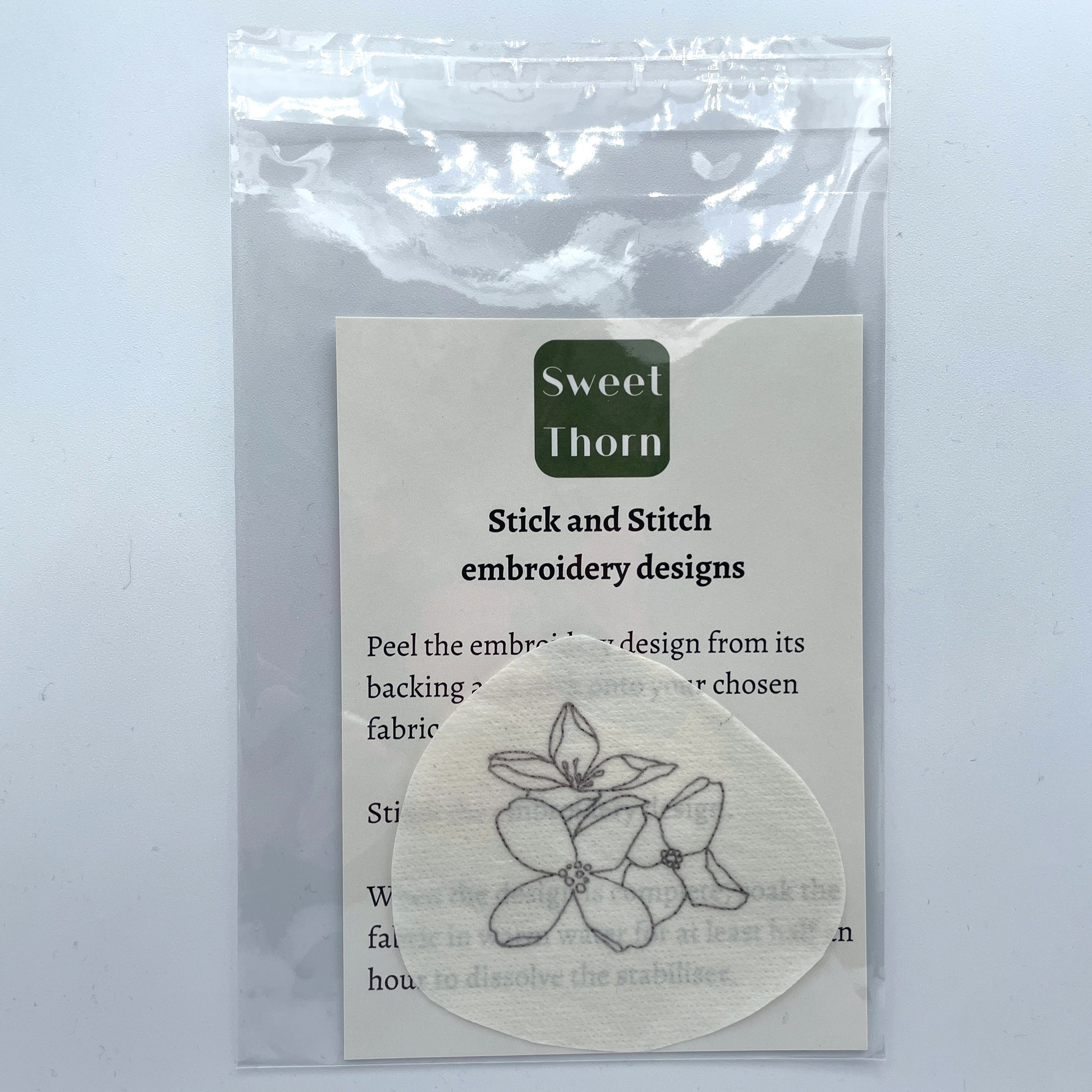 Cuckoo flower embroidery sticker in cellophane bag with instructions