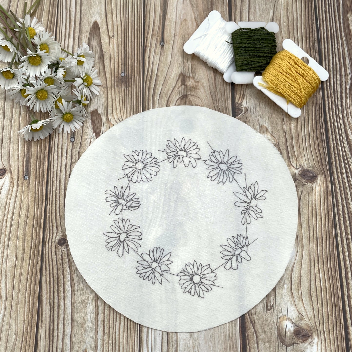 Daisy chain embroidery sticker alongside daisies and embroidery threads
