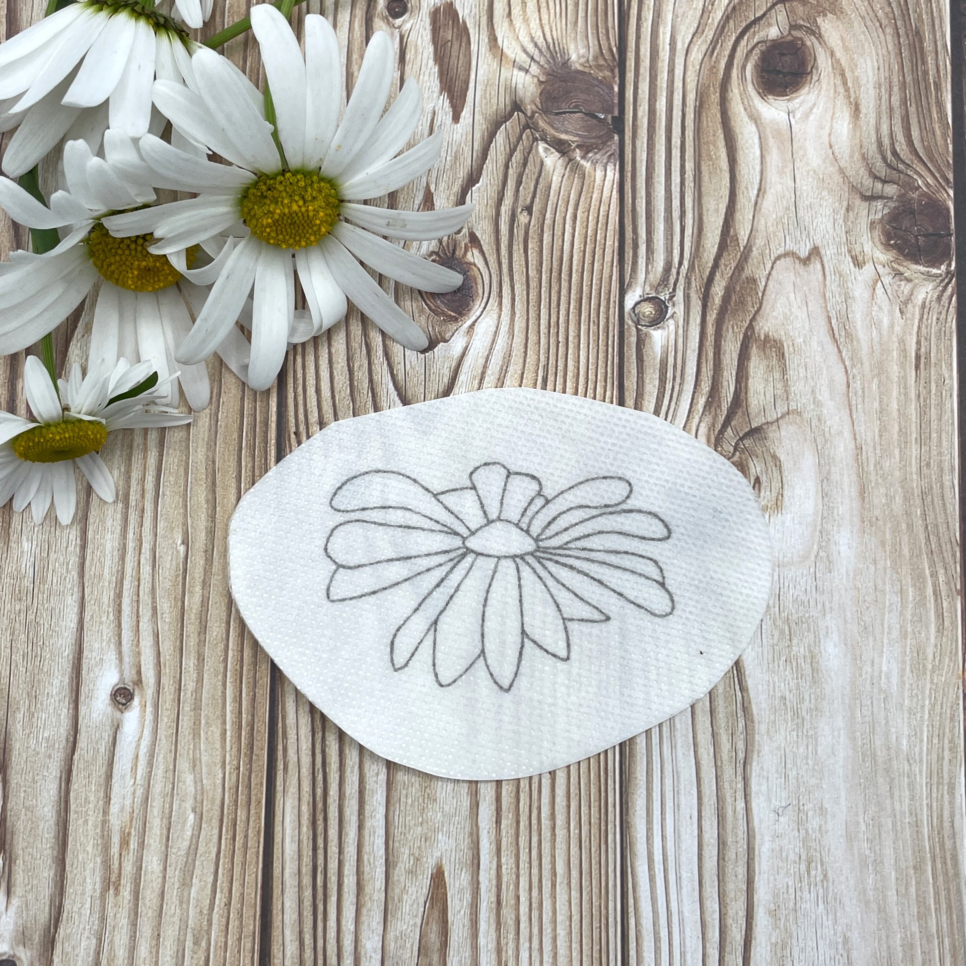 Ox eye daisy flower head embroidery sticker.