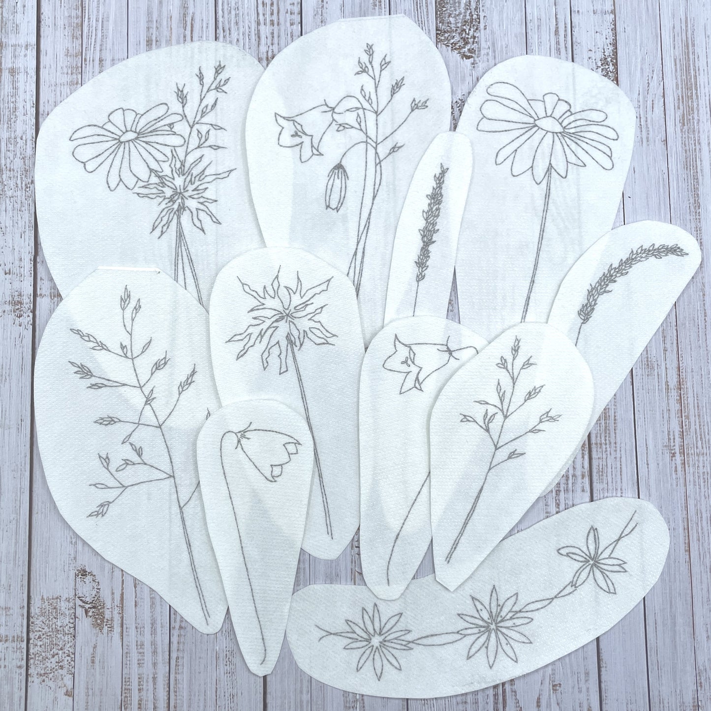 11 wildflower embroidery stickers on wash away stabiliser