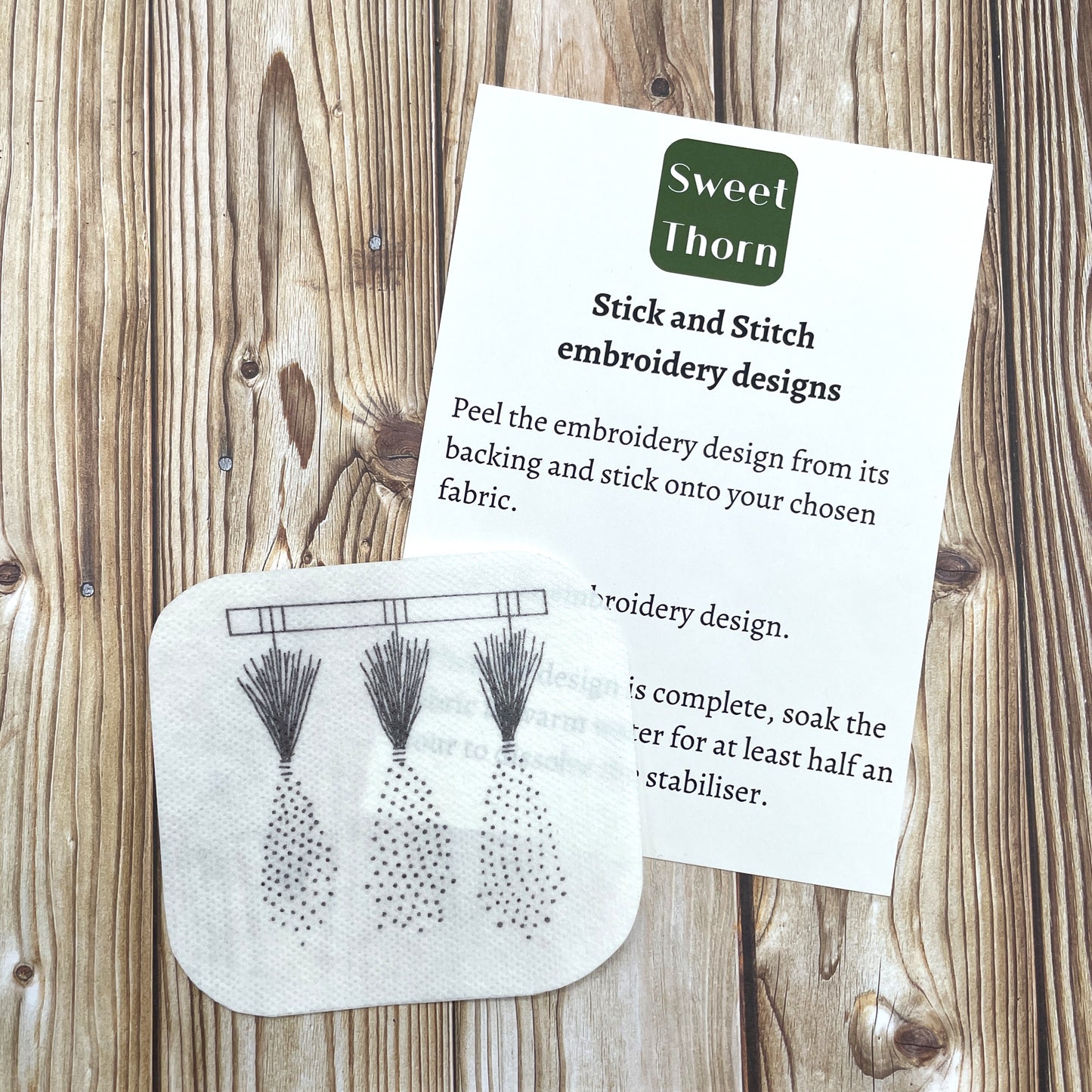 Lavender drying embroidery sticker with stick and stitch instructions.