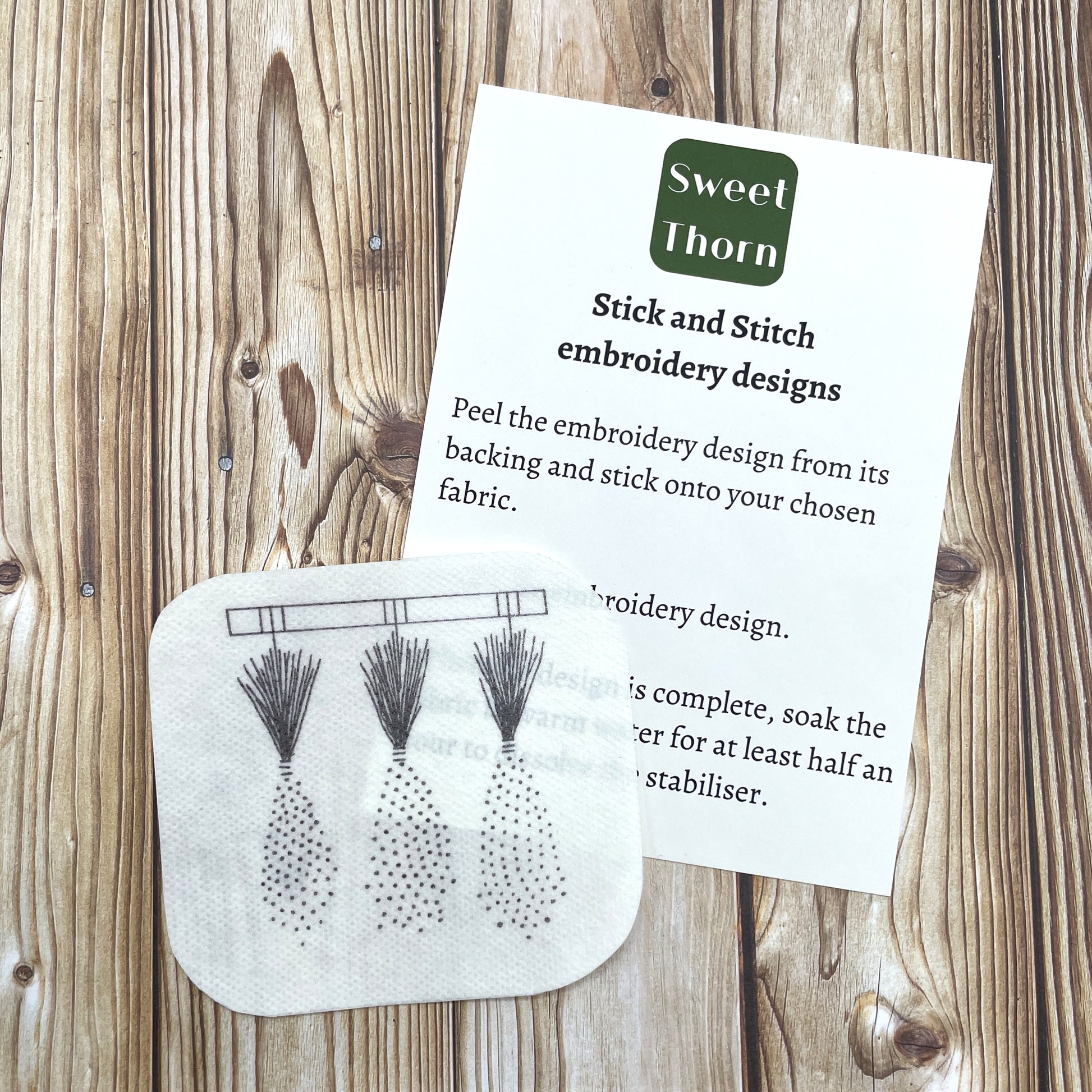 Lavender drying embroidery sticker with stick and stitch instructions.