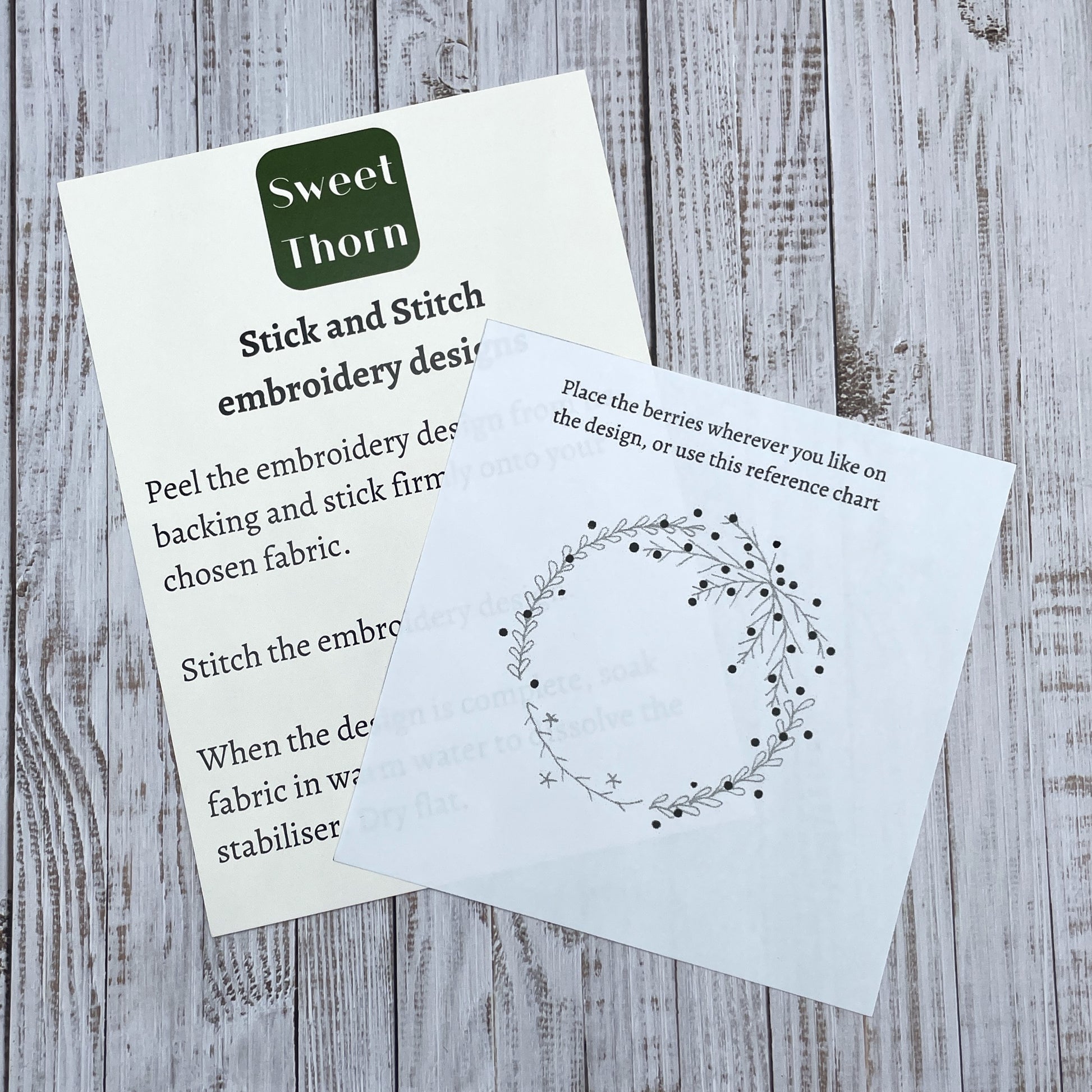 Embroidery sticker instructions and chart to show placement of berries on the design.