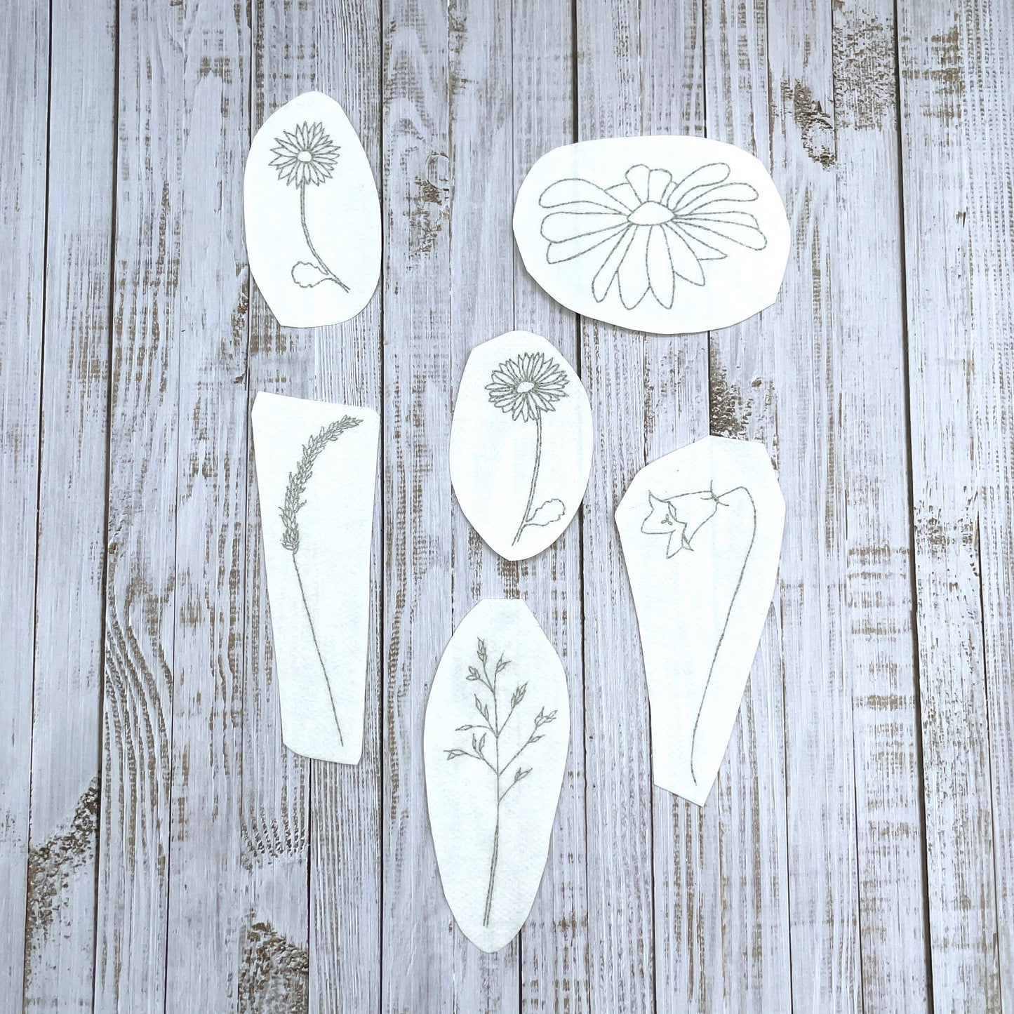 6 flower embroidery stickers: daisy, harebell and meadow grass patches