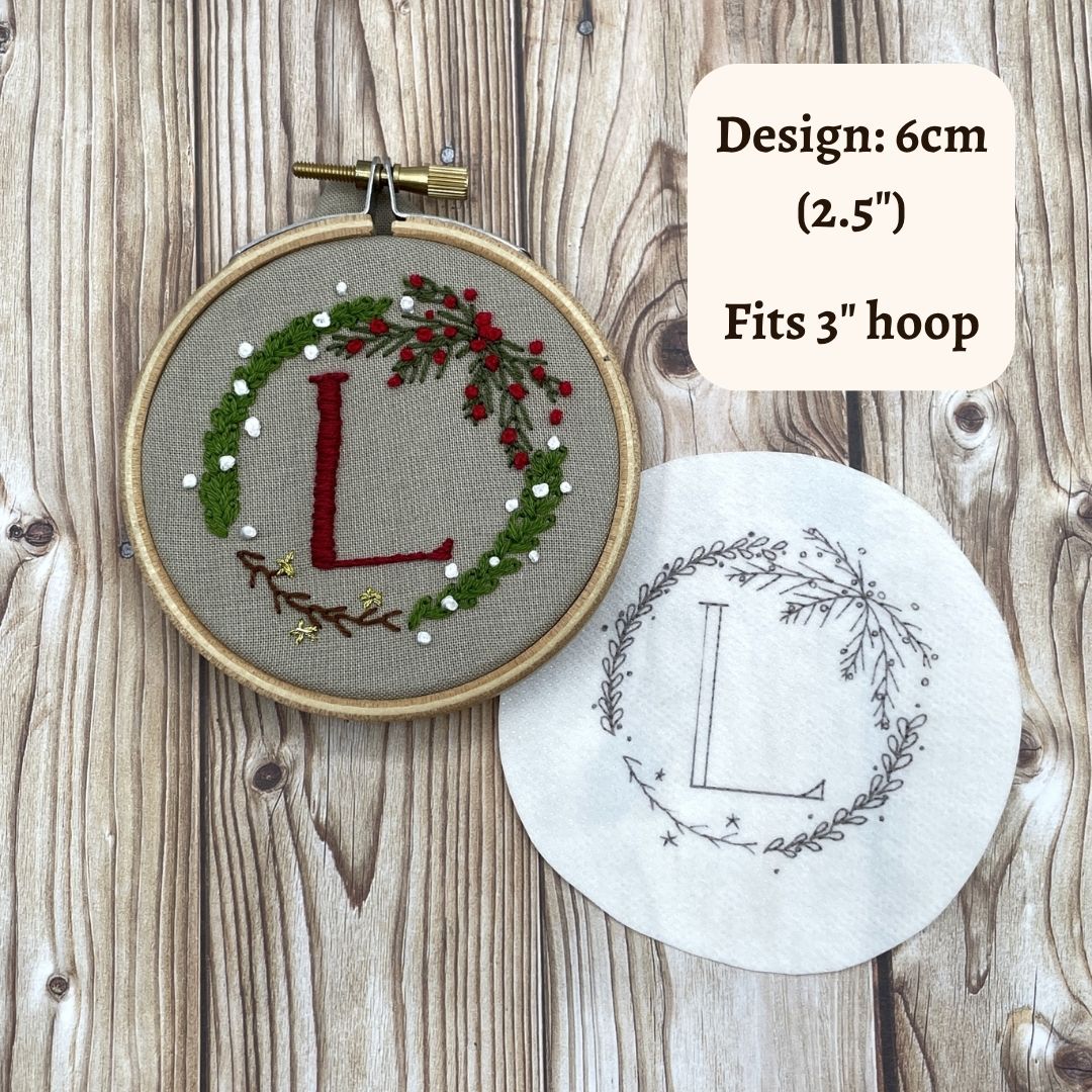 Design is six centimetres or two and a half inches. It fits in a three inch  embroidery hoop.